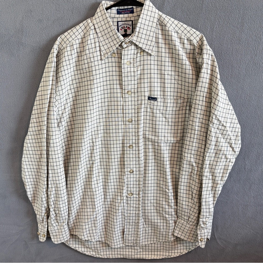 Faconnable Shirt Mens Size Medium Gray Spread Collar Button Up 100% Cotton EUC